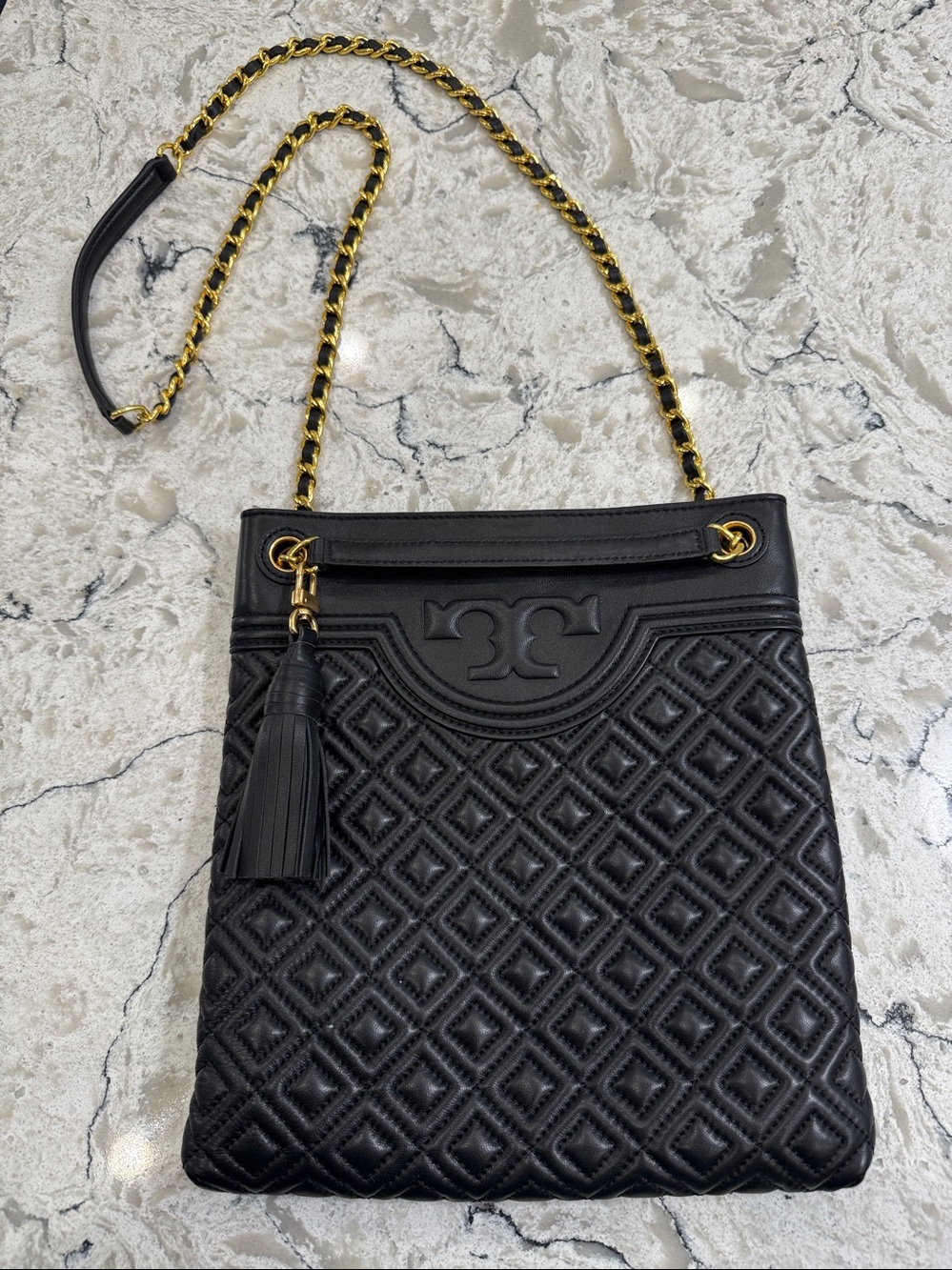 Tory Burch Fleming Quilted Black Leather Swingpack Classic Crossbody Bag